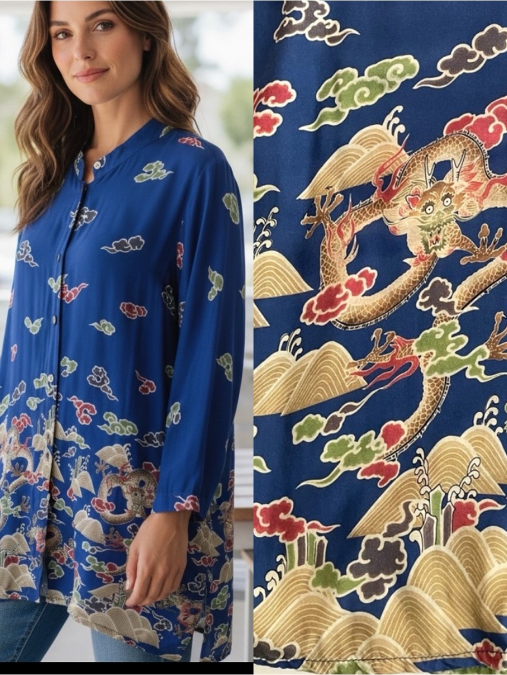 CITRON Santa Monica Asian Inspired Dragon Print Button Up Silk Blouse
